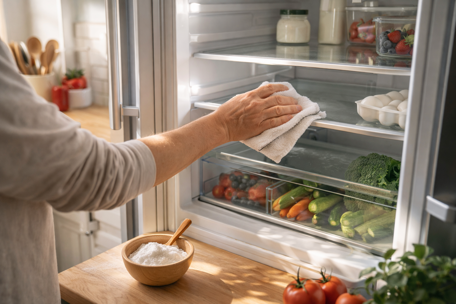 Buzdolabının içini temizleyen kişi