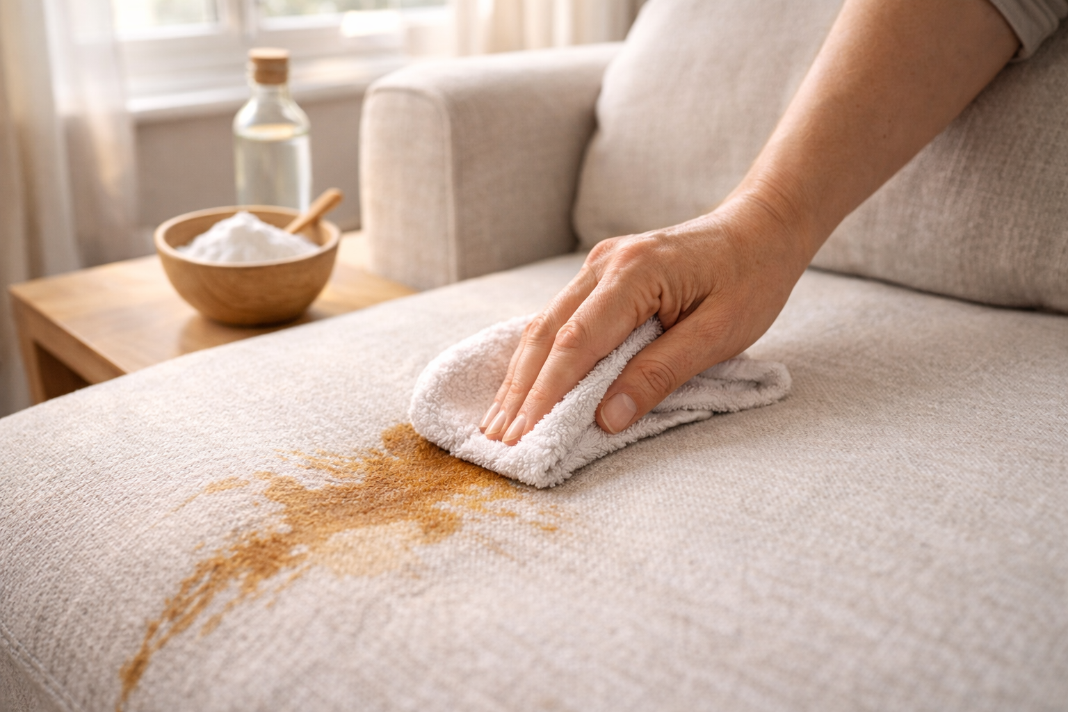 Koltuk üzerindeki çay lekesini temizleyen kişi