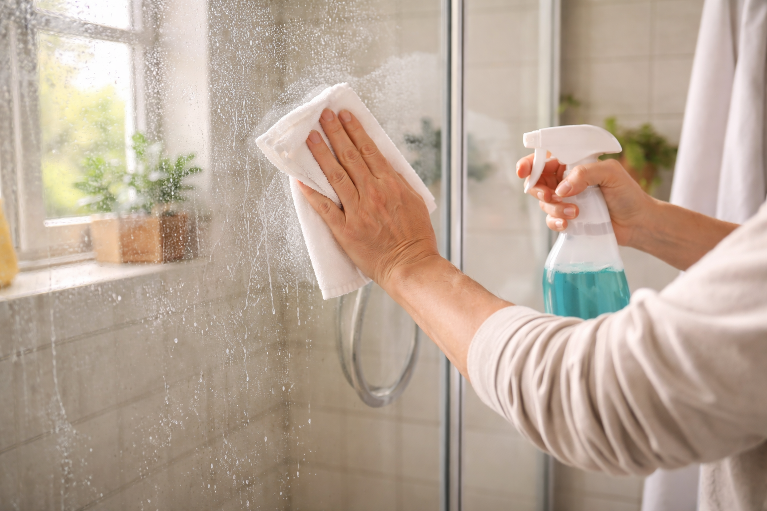 Duşakabin camındaki kireci temizleyen kişi