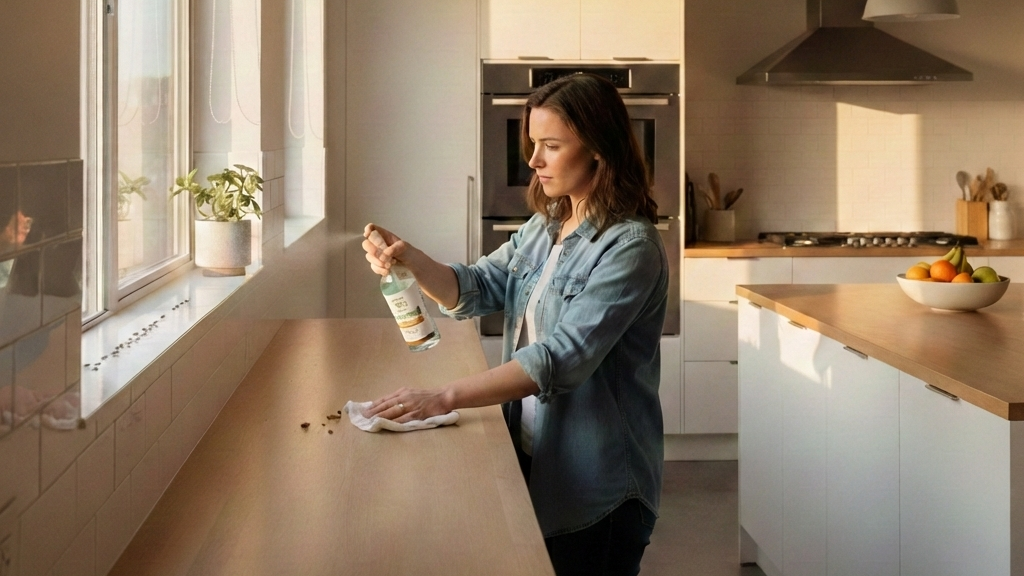 Mutfakta karıncaların çıktığı alanı temizleyen kişi