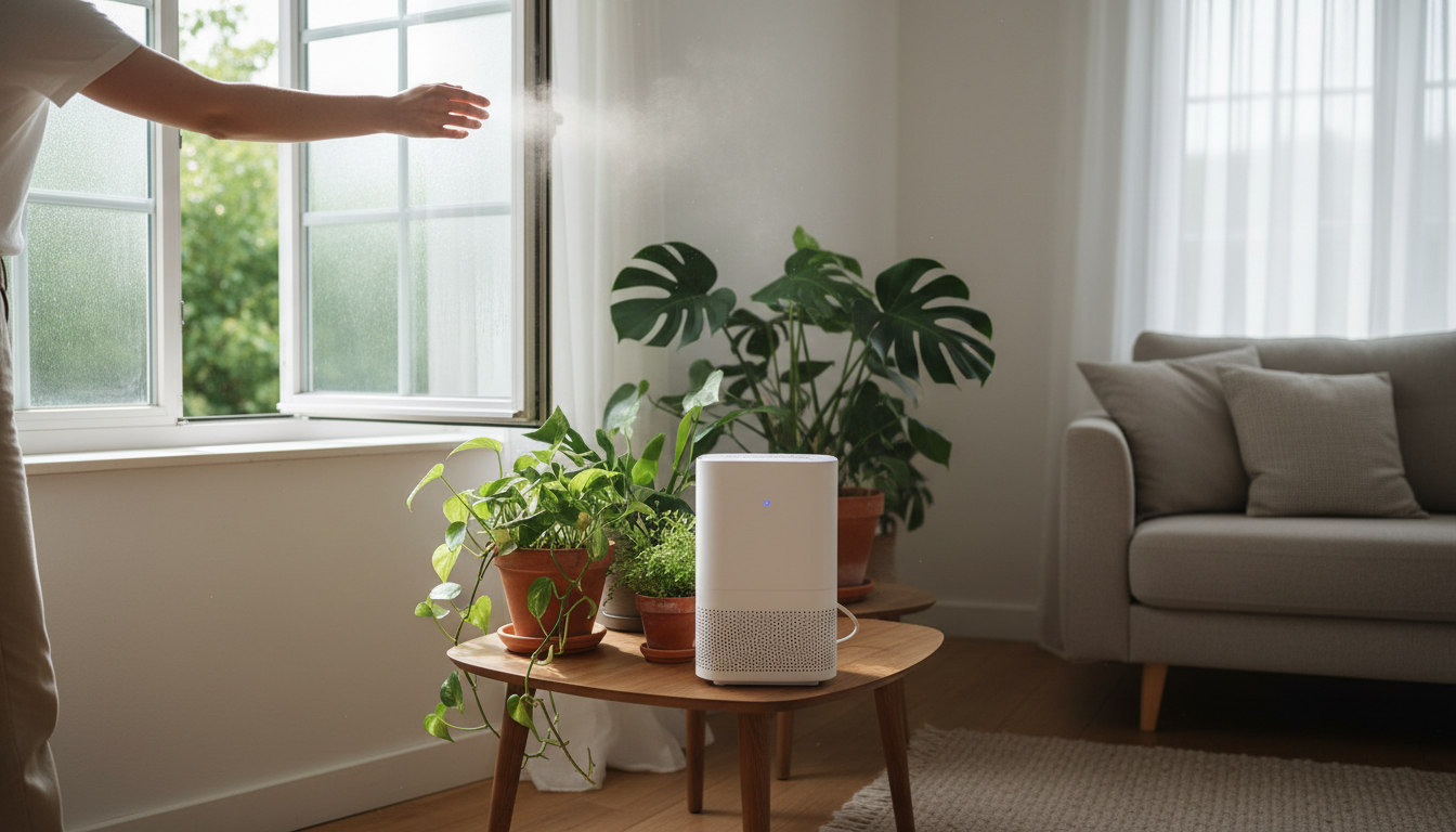 Evdeki nemi azaltmak için odayı havalandıran kişi