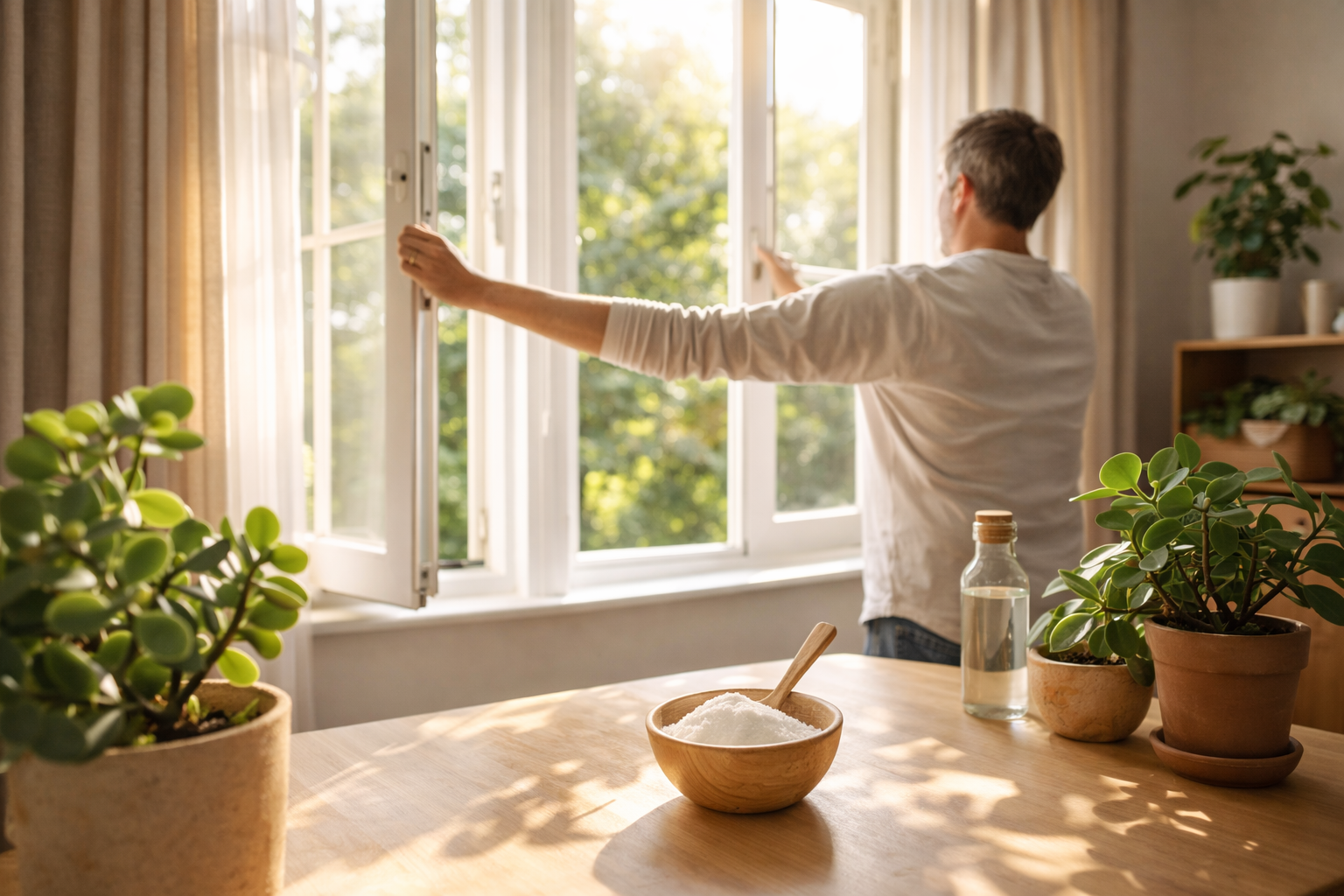 Evdeki kötü kokuları gidermek için odayı havalandıran kişi