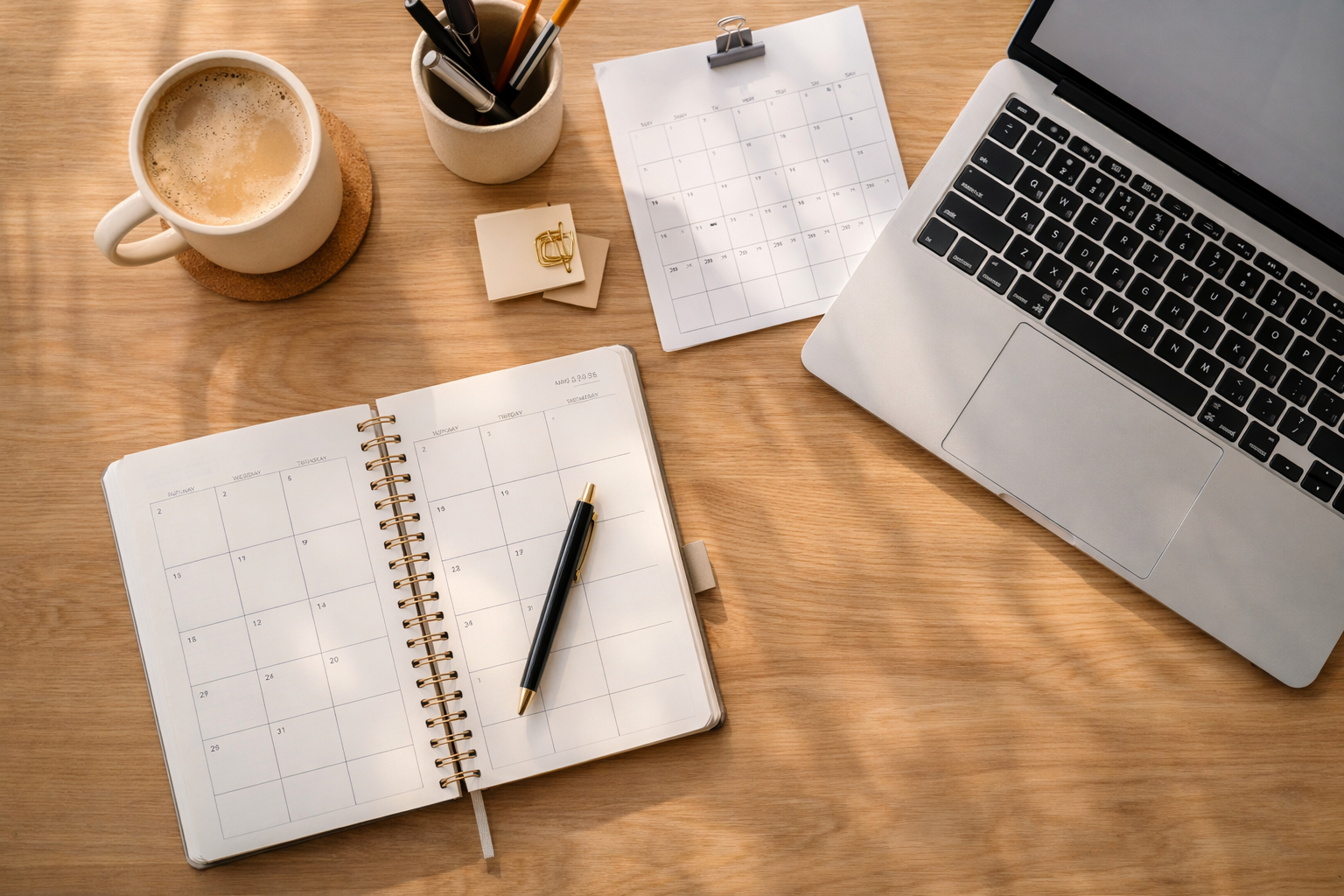 Günlük planlama ve zaman yönetimi için düzenli bir çalışma masası