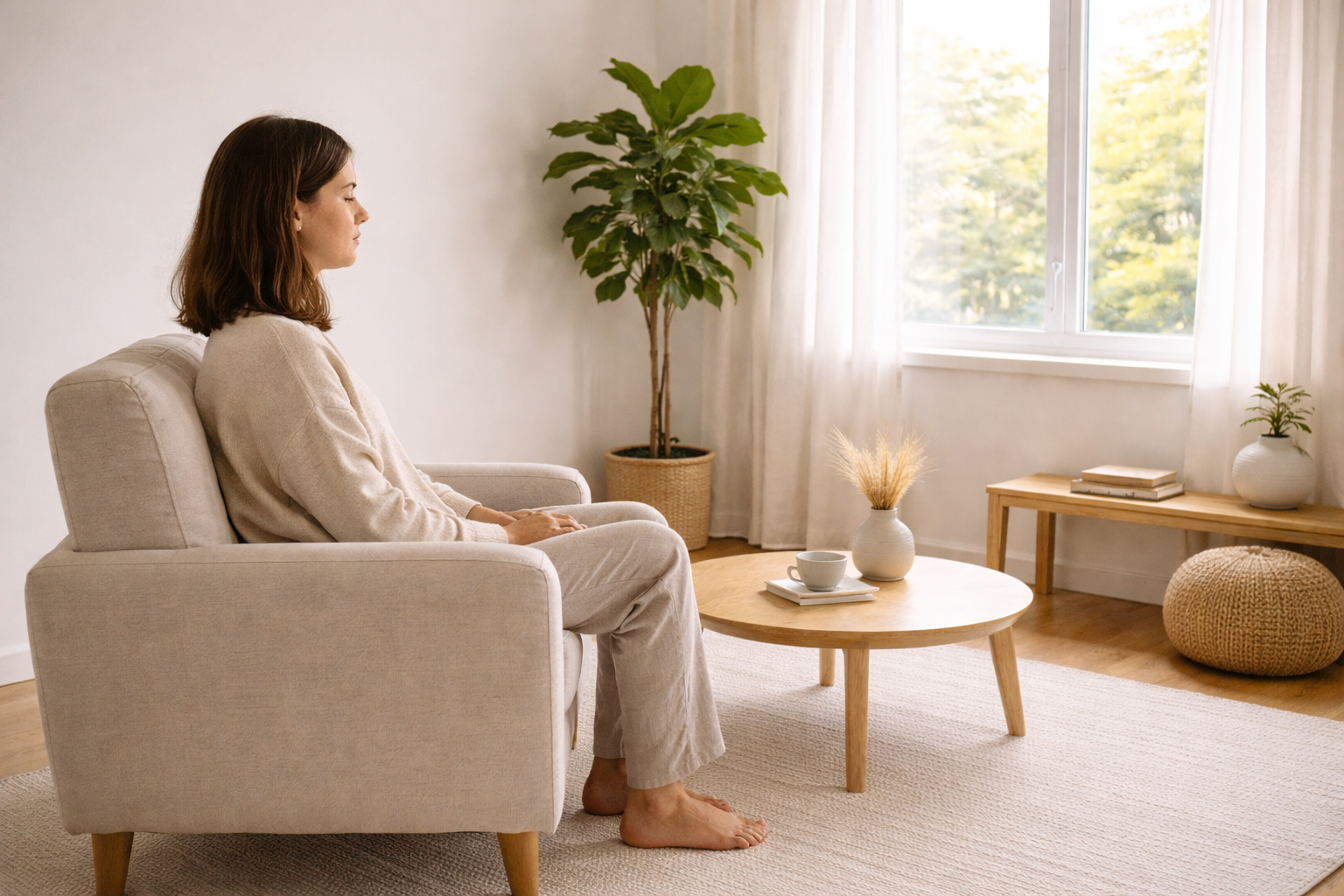 Dikkat dağıtıcı uyaranlardan uzak sade bir ortamda oturan kişi