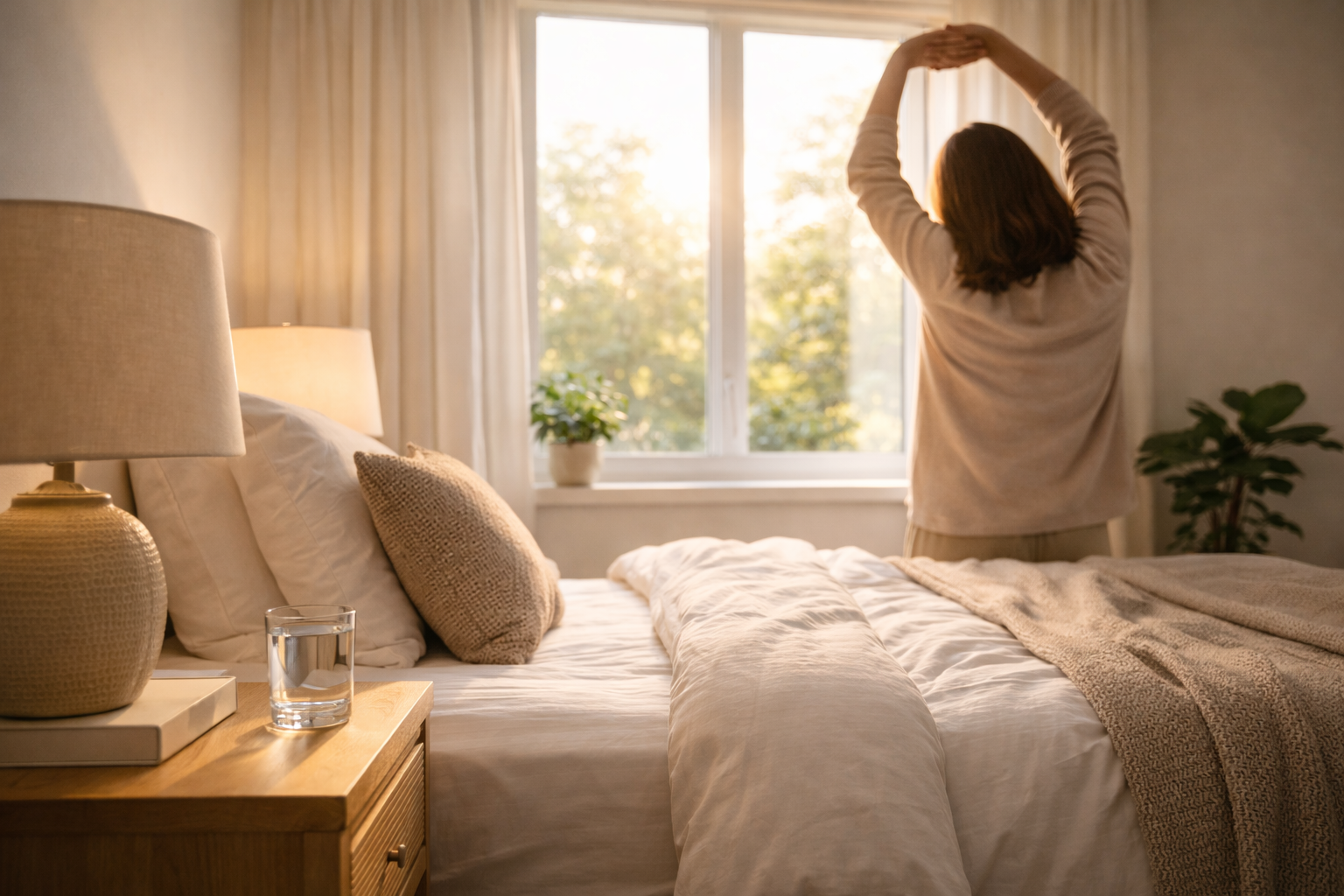Güne enerjik başlamak için sabah esneme ve doğal ışık alan bir ortam