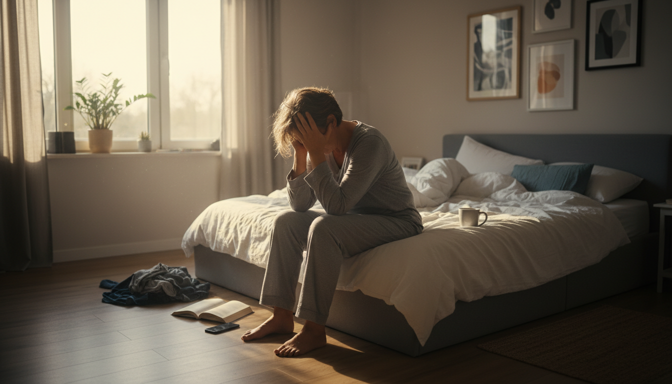 Sabah yorgun uyanmış kişi yatakta otururken